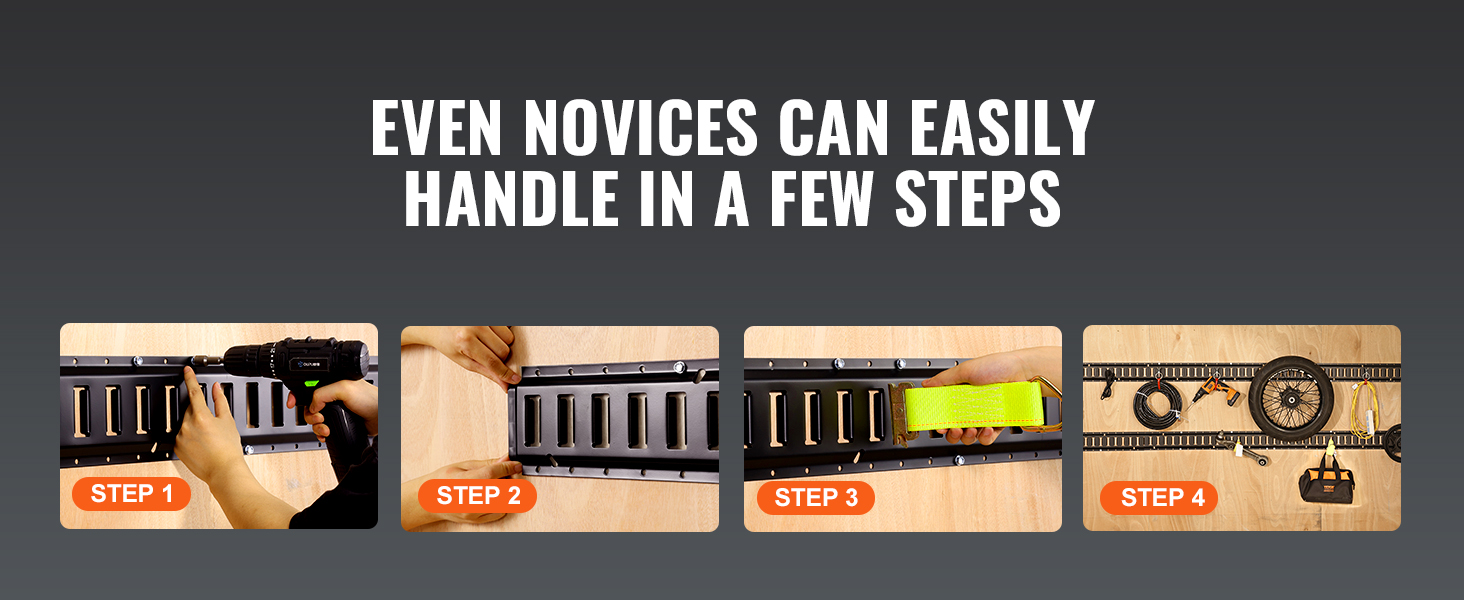 VEVOR e track tie down rail kit installation steps: drilling, securing, attaching, organizing tools.