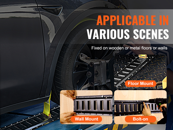 VEVOR e track tie down rail kit shown with wall, floor, and bolt-on mounting options for various uses.