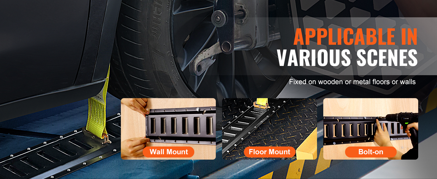 VEVOR e track tie down rail kit shown with wall, floor, and bolt-on mounting options for various uses.