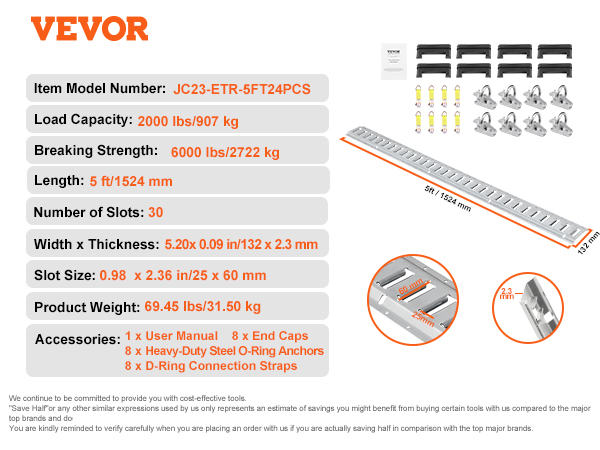 VEVOR e track tie-down rail kit details: 2000 lbs, 5 ft, 30 slots, includes anchors and straps.
