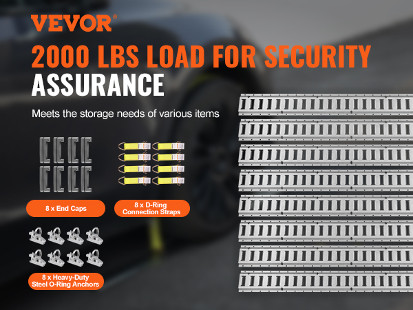 VEVOR e track tie-down rail kit with 2000 lbs load capacity, end caps, o-ring anchors, and d-ring straps.