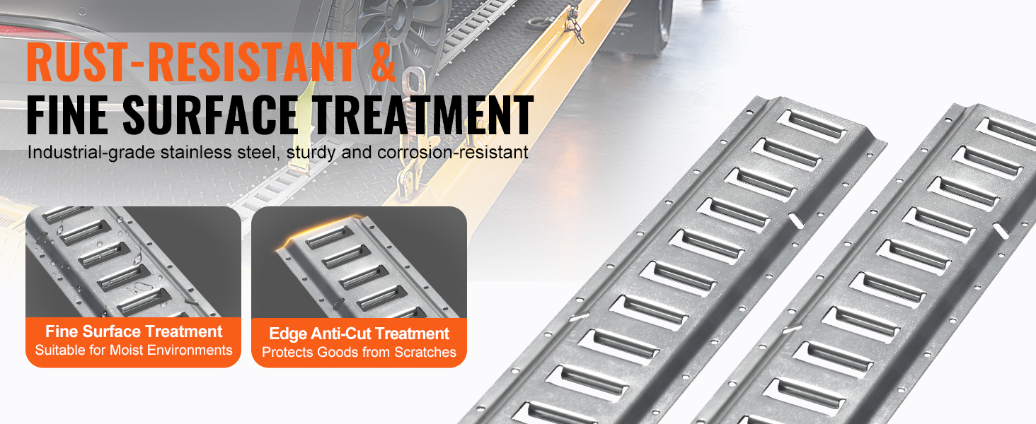 VEVOR e track tie-down rail kit, rust-resistant, stainless steel, fine surface and edge anti-cut treatment.