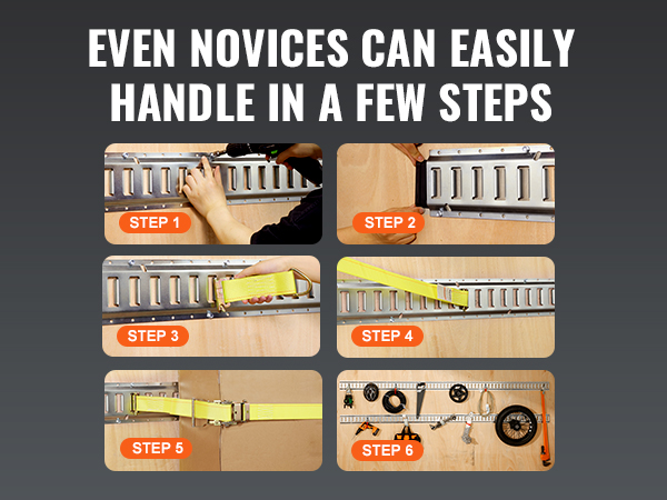 VEVOR e track tie-down rail kit installation guide in six steps for easy securing of items.