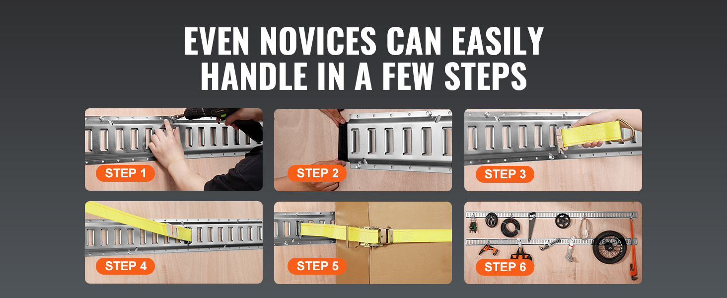 VEVOR e track tie-down rail kit installation guide in six steps for easy securing of items.