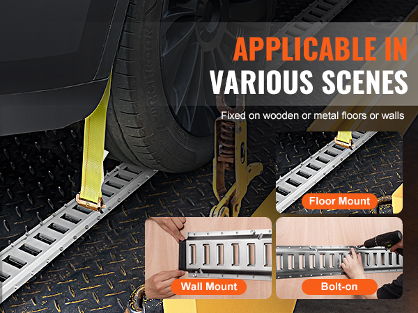 VEVOR e track tie-down rail kit for wall, floor, and bolt-on mounting; versatile application options.