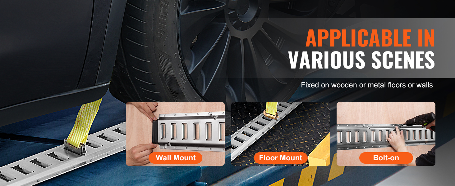 VEVOR e track tie-down rail kit for wall, floor, and bolt-on mounting; versatile application options.