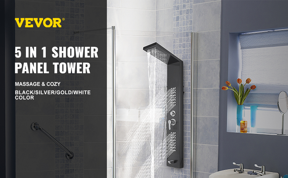 VEVOR shower panel system in a modern bathroom with sleek fixtures and a floral vase.