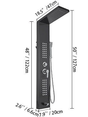 black VEVOR shower panel system with multiple jets, handheld shower, and overhead spray.
