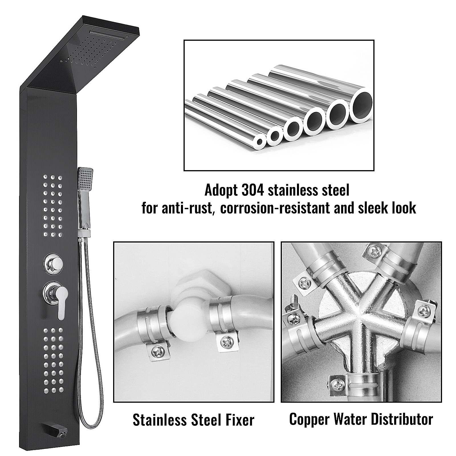 VEVOR shower panel system with 304 stainless steel and copper water distributor.
