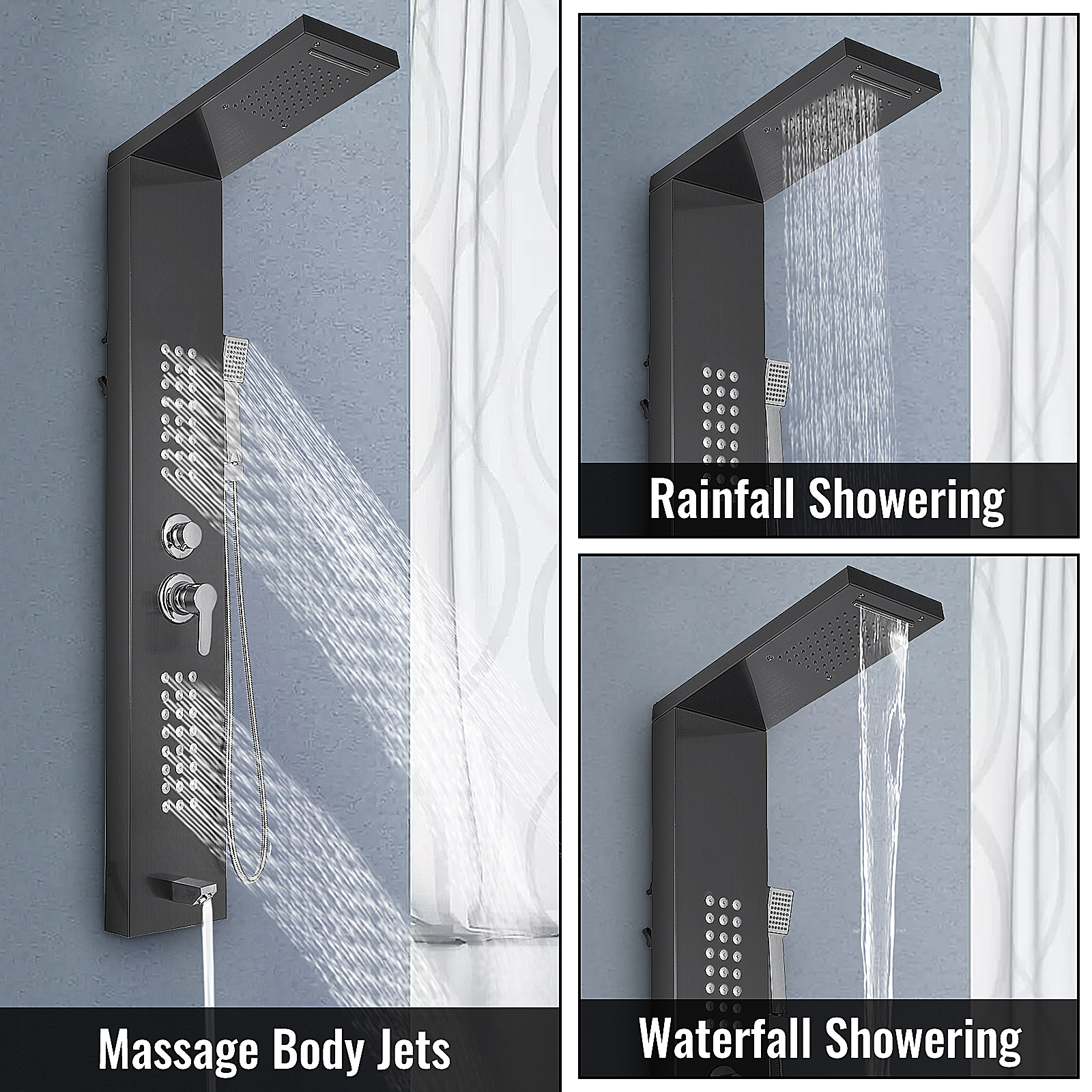 VEVOR shower panel system with body jets, rainfall and waterfall showering options.