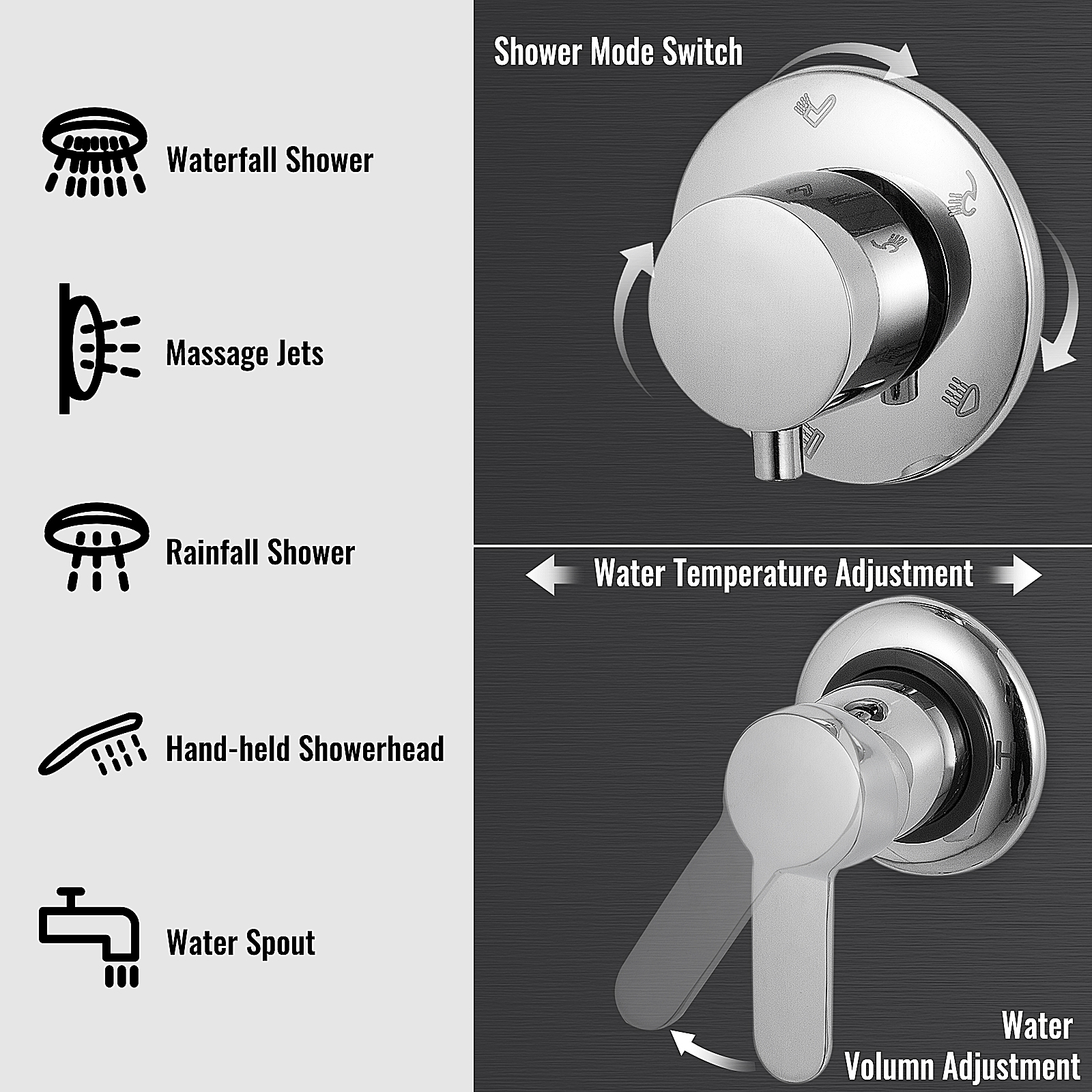 VEVOR shower panel system with waterfall, rainfall, jets, hand-held and spout options.