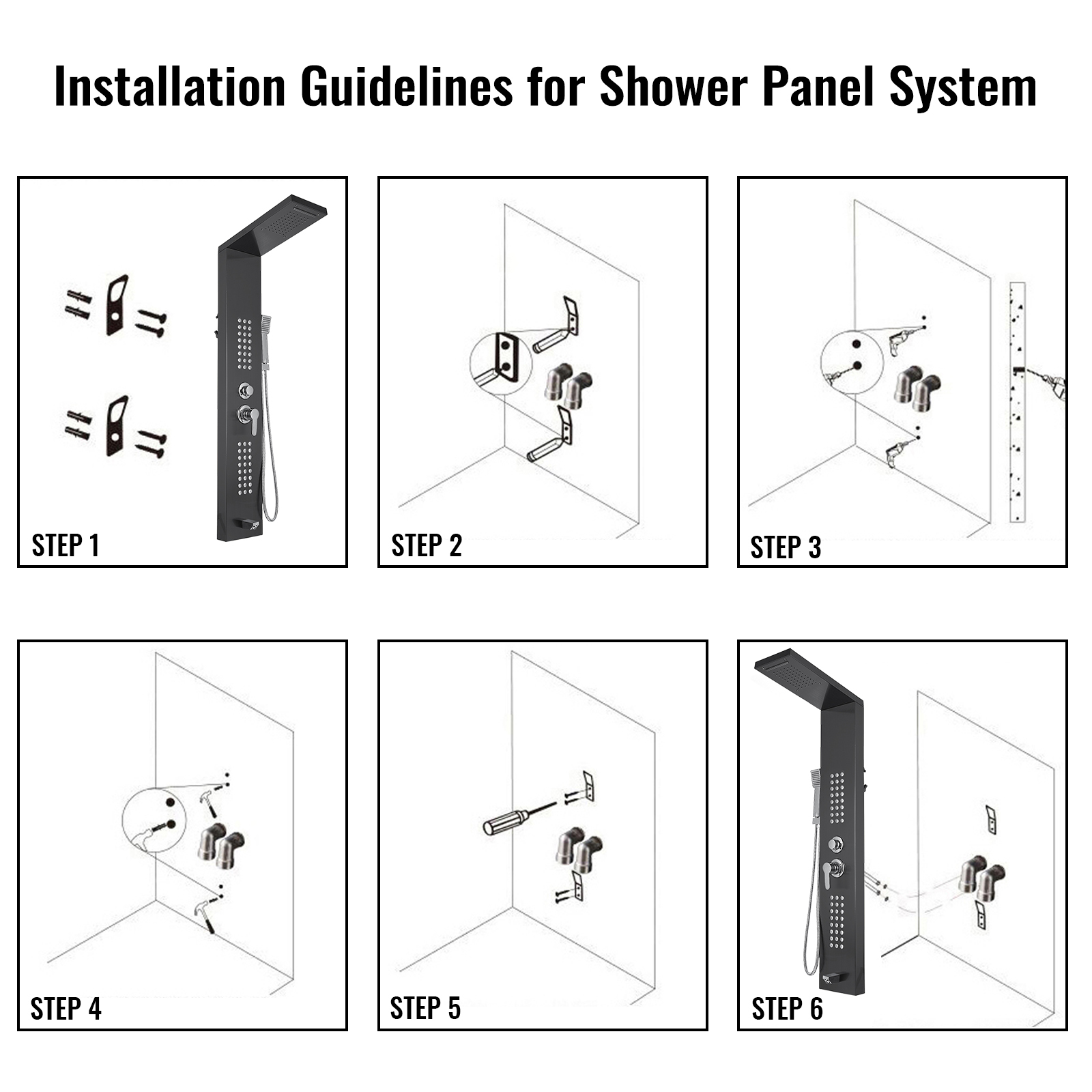 VEVOR shower panel system installation steps illustrated for easy setup.