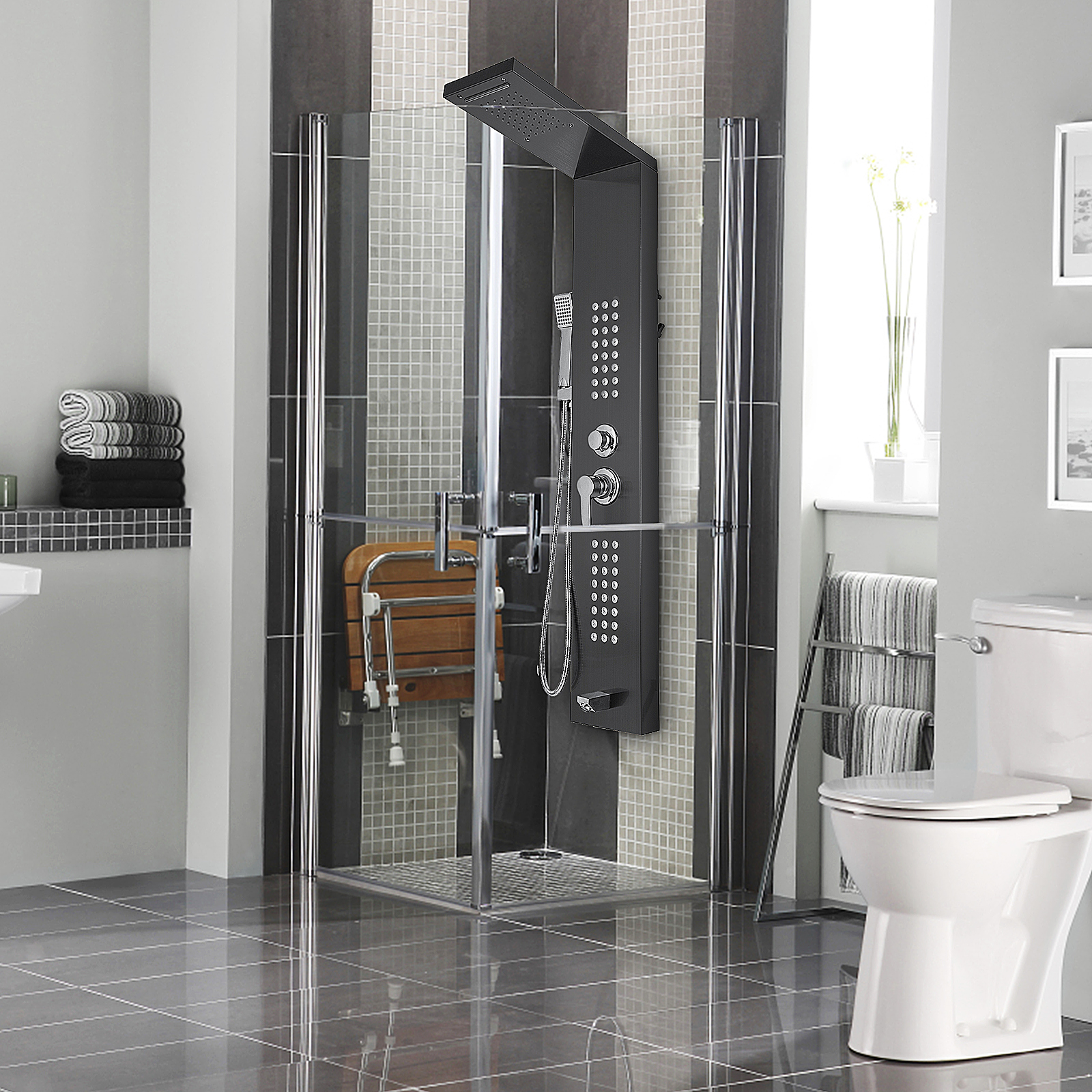 modern bathroom with VEVOR shower panel system, glass door shower, and tiled walls.