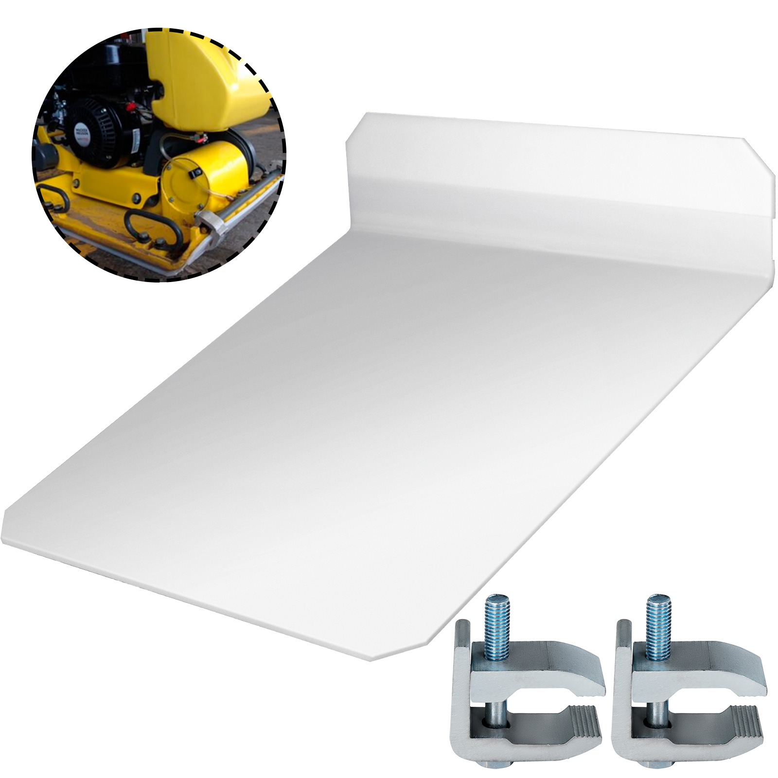 VEVOR plate compactor pad with clamps and a yellow machine thumbnail.