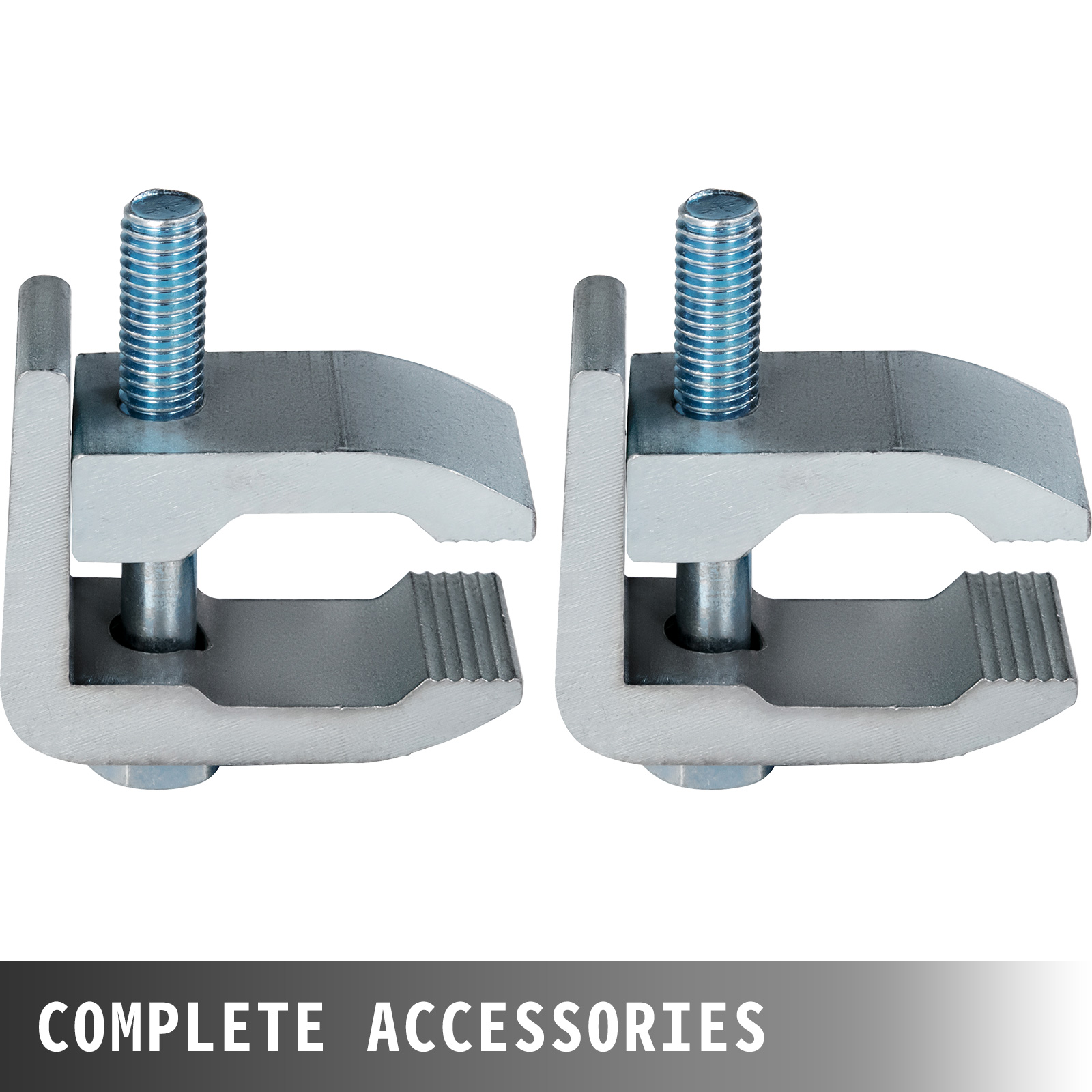 two metal clamps for VEVOR plate compactor pad with screws, labeled "complete accessories".