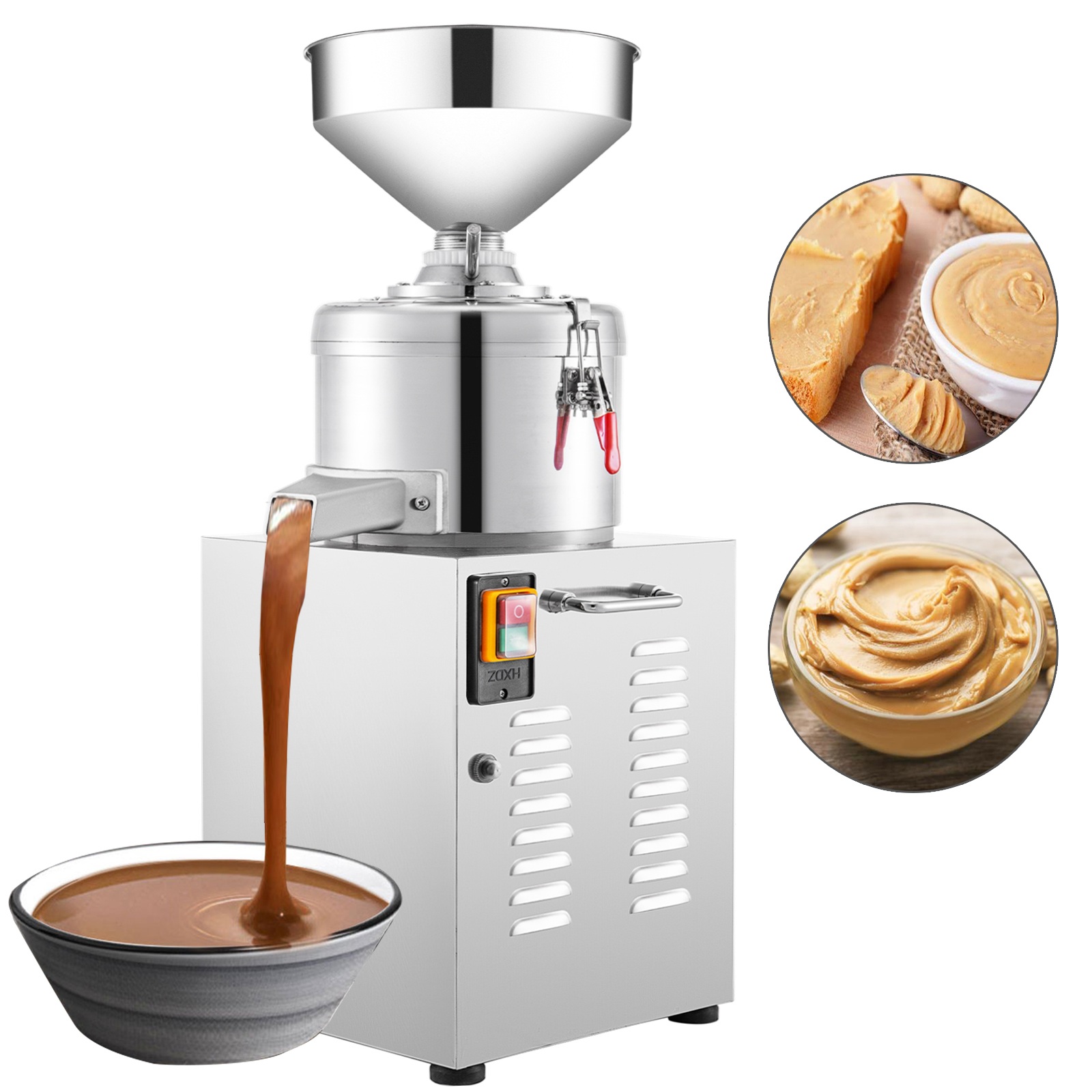 VEVOR peanut butter machine dispensing fresh peanut butter into a bowl with creamy spreads nearby.