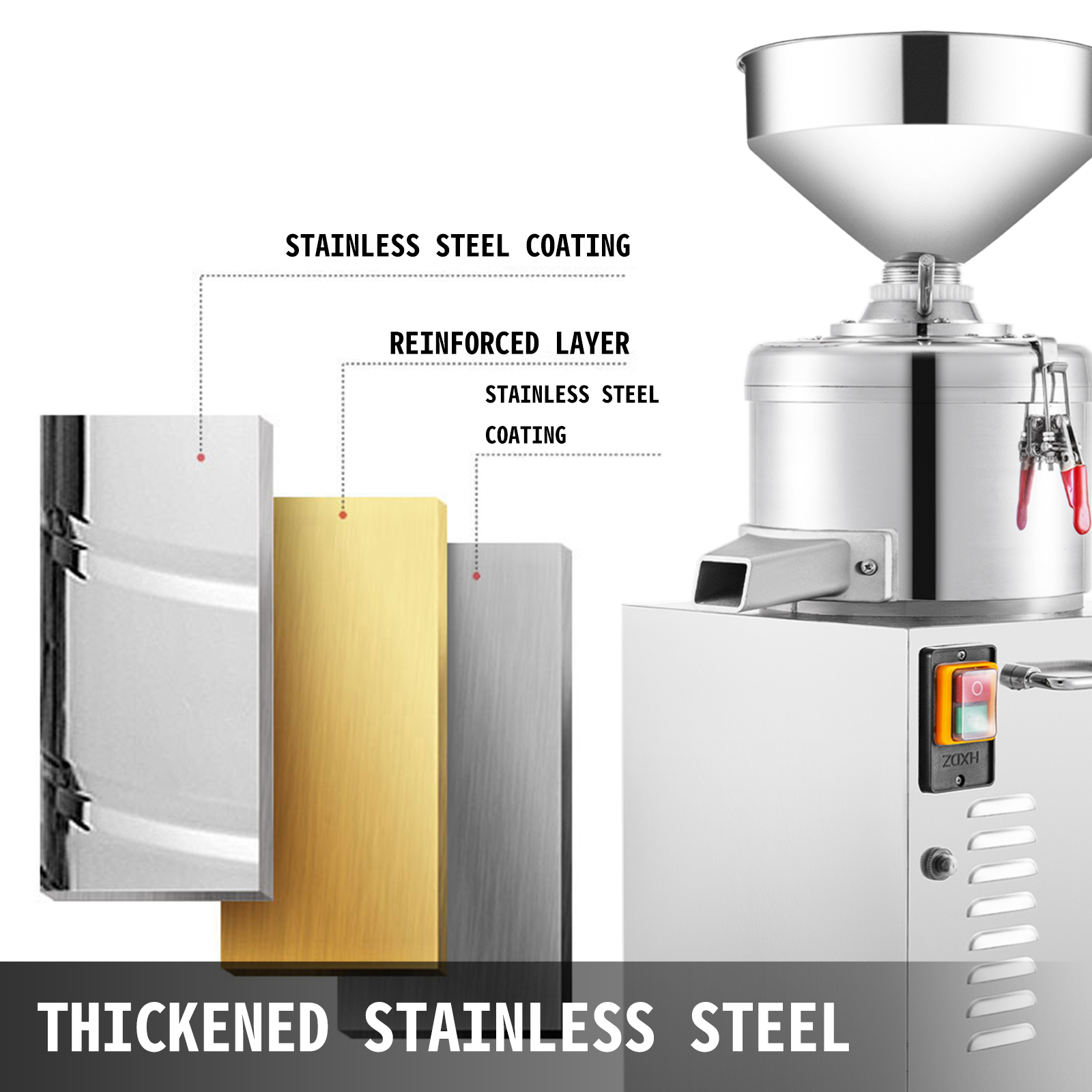 VEVOR peanut butter machine with thickened stainless steel coating and reinforced layer.