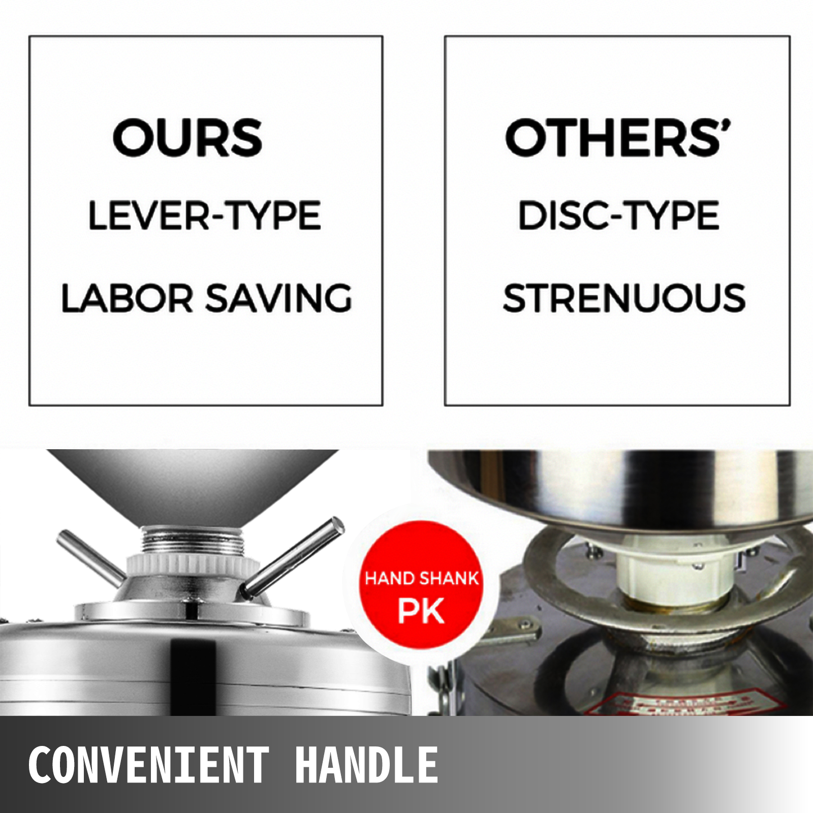 VEVOR peanut butter machine lever-type handle comparison with other disc-type machines.
