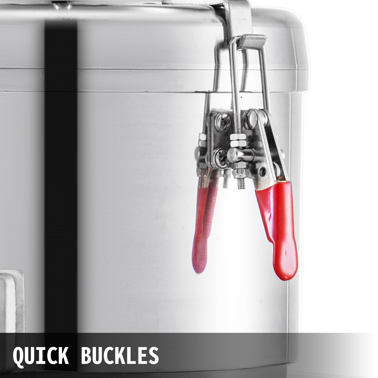 stainless steel VEVOR peanut butter machine with quick buckles and red handles.