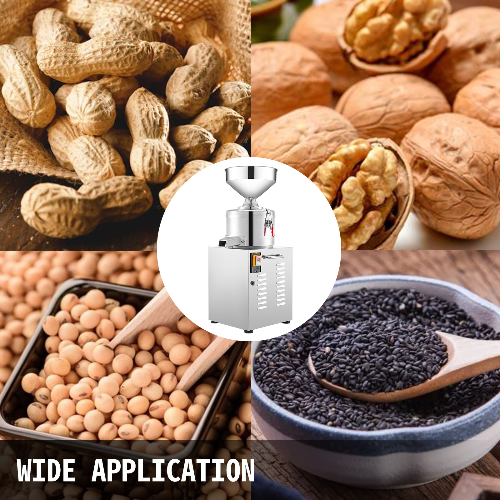 VEVOR peanut butter machine; peanuts, walnuts, soybeans, and black sesame in separate sections. wide application.