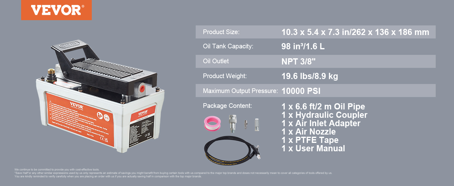 VEVOR air hydraulic pump with 1.6l oil tank, 10000 psi output, npt 3/8" outlet, and accessory kit.