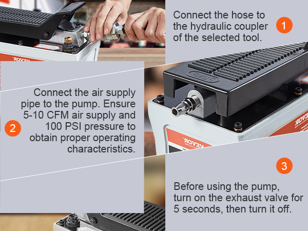VEVOR oro hidraulinio siurblio nustatymų vadovas: prijunkite žarną, užtikrinti tinkamą oro tiekimo ir naudojimo išmetimo vožtuvas teisingai.