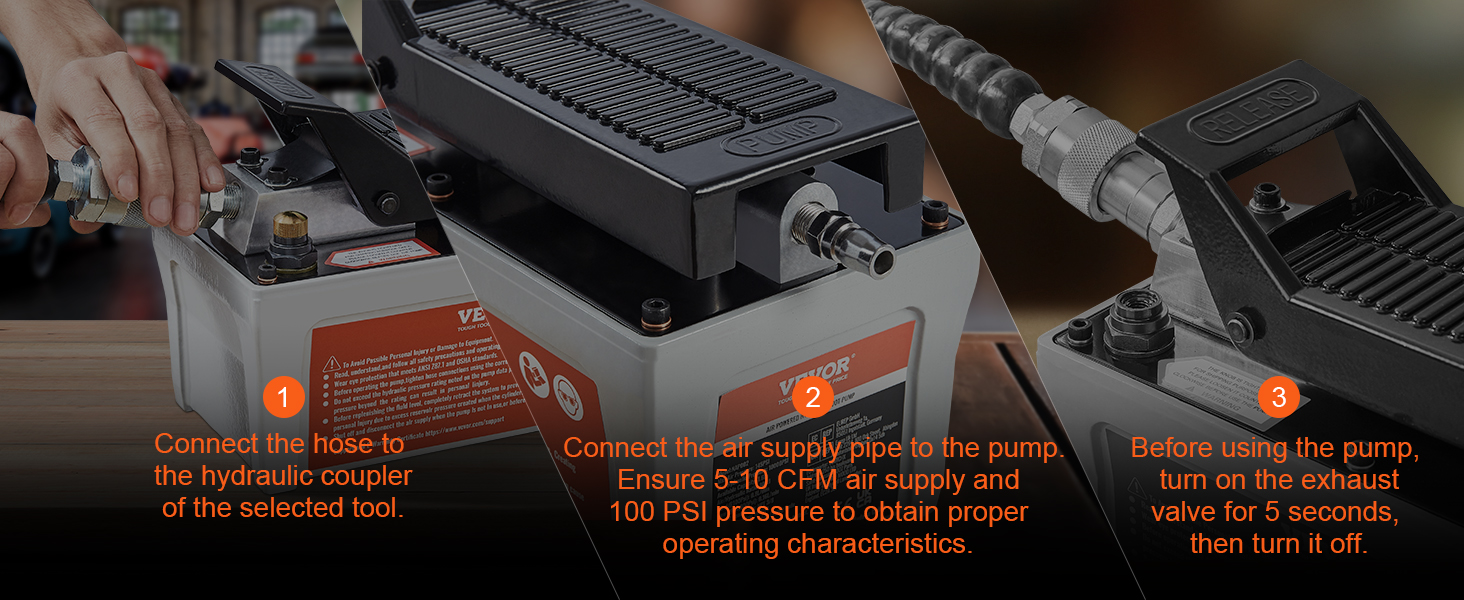 VEVOR oro hidraulinio siurblio nustatymų vadovas: prijunkite žarną, užtikrinti tinkamą oro tiekimo ir naudojimo išmetimo vožtuvas teisingai.