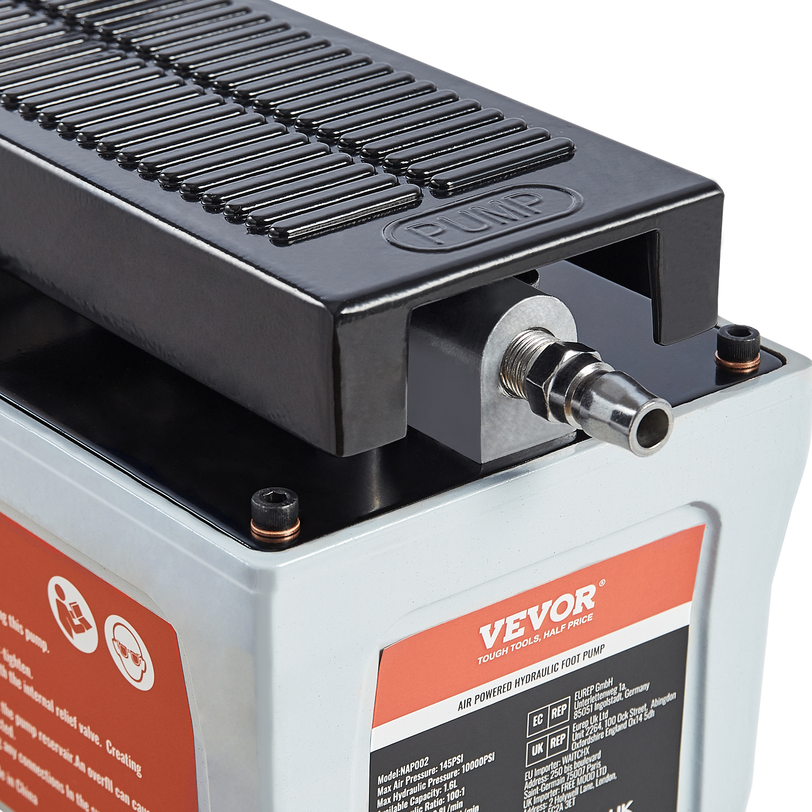 VEVOR air hydraulic pump with black foot pedal and metal fittings on the hydraulic unit.