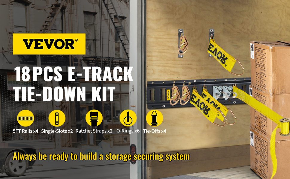 VEVOR e track tie-down kit with straps, rails, and accessories securing boxes inside a trailer.