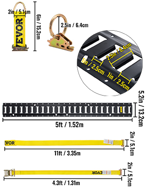 VEVOR e track tie-down kit, black rail, yellow straps, ratchet, detailed measurements, multiple attachments