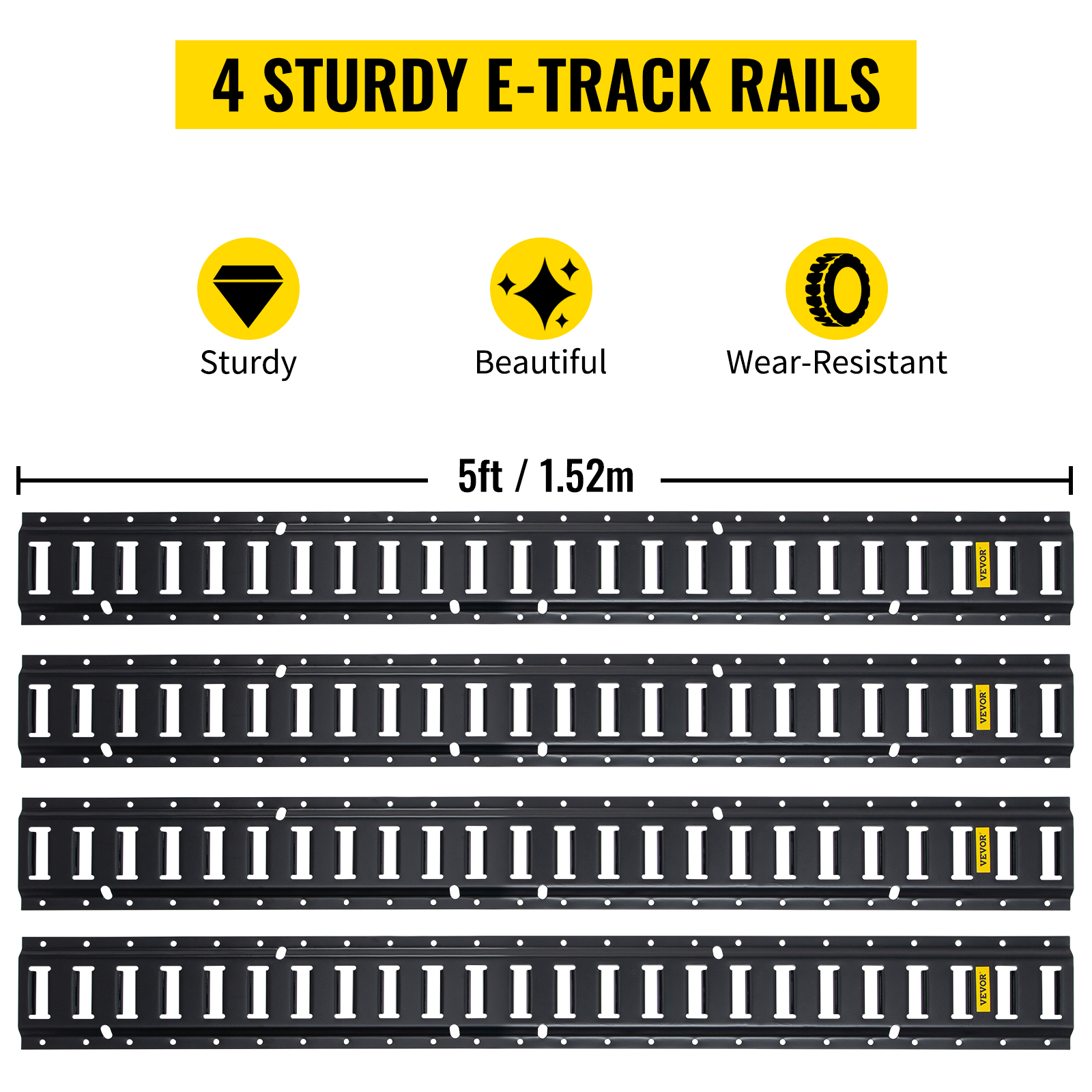 4 sturdy e-track rails, 5ft / 1.52m, from VEVOR e track tie-down kit; sturdy, beautiful, wear-resistant.