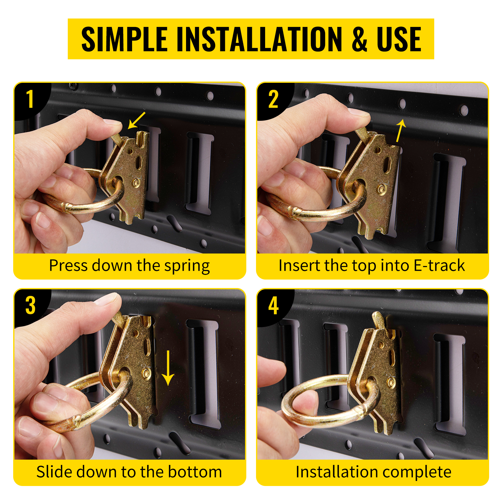 VEVOR e track tie-down kit installation steps with hands demonstrating simple attachment process.