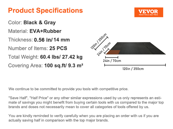 VEVOR gym floor mats, black and gray, eva and rubber, 25 pcs, 0.56 in thickness, 100 sq.ft coverage.