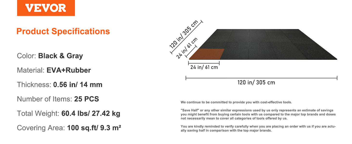 VEVOR gym floor mats, black and gray, eva and rubber, 25 pcs, 0.56 in thickness, 100 sq.ft coverage.