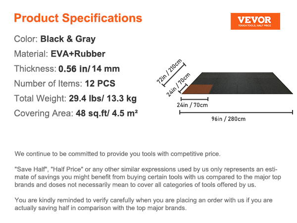 VEVOR gym floor mats specifications: black & gray, eva+rubber, 0.56in/14mm thick, 12 pcs, 48 sq.ft.