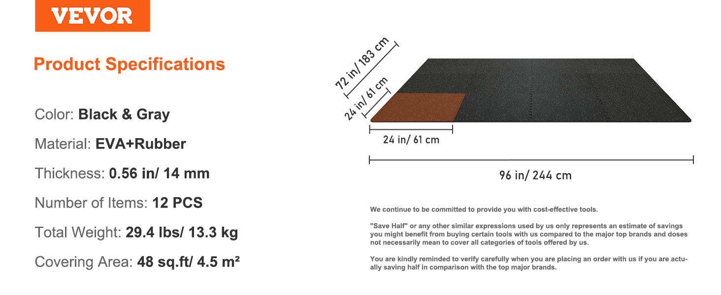 VEVOR gym floor mats specifications: black & gray, eva+rubber, 0.56in/14mm thick, 12 pcs, 48 sq.ft.
