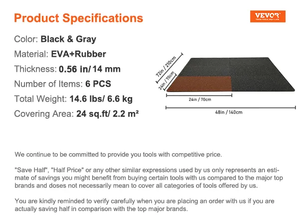 VEVOR gym floor mats, eva+rubber, black and gray, 0.56 in thick, 6 pcs, 24 sq.ft coverage.