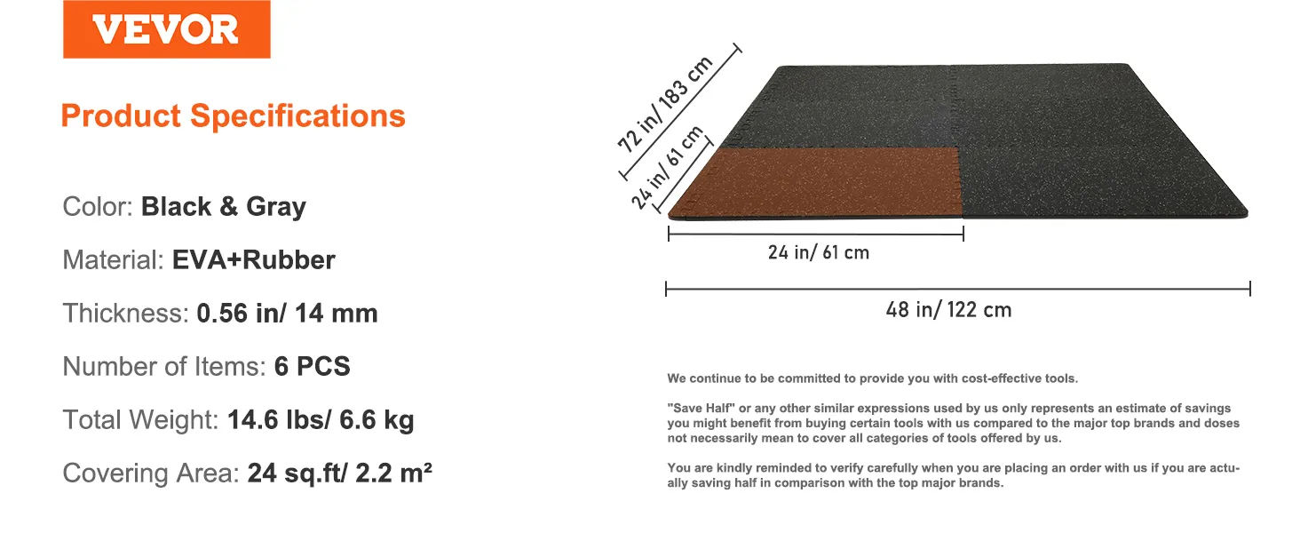 VEVOR gym floor mats, eva+rubber, black and gray, 0.56 in thick, 6 pcs, 24 sq.ft coverage.