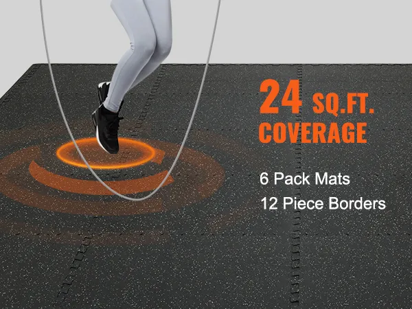 VEVOR gym floor mats, 24 sq.ft. coverage with 6 pack mats and 12 piece borders. jump rope exercise.