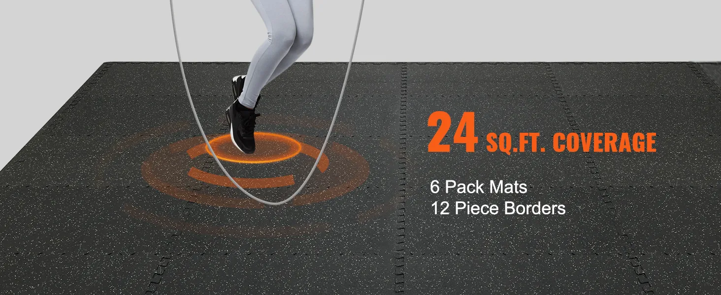 VEVOR gym floor mats, 24 sq.ft. coverage with 6 pack mats and 12 piece borders. jump rope exercise.