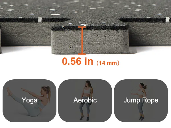 VEVOR gym floor mats, 0.56 in thick, ideal for yoga, aerobic, and jump rope exercises.