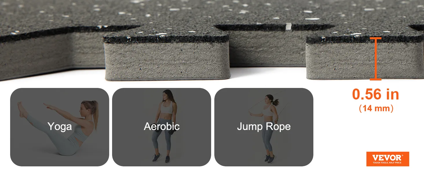 VEVOR gym floor mats, 0.56 in thick, ideal for yoga, aerobic, and jump rope exercises.