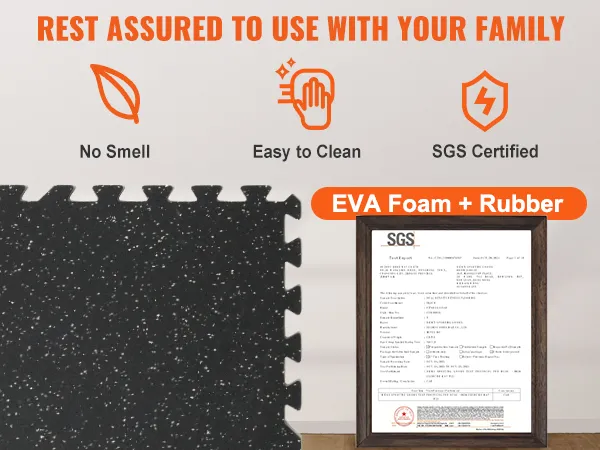 VEVOR gym floor mats, eva foam and rubber, sgs certified, no smell, easy to clean.