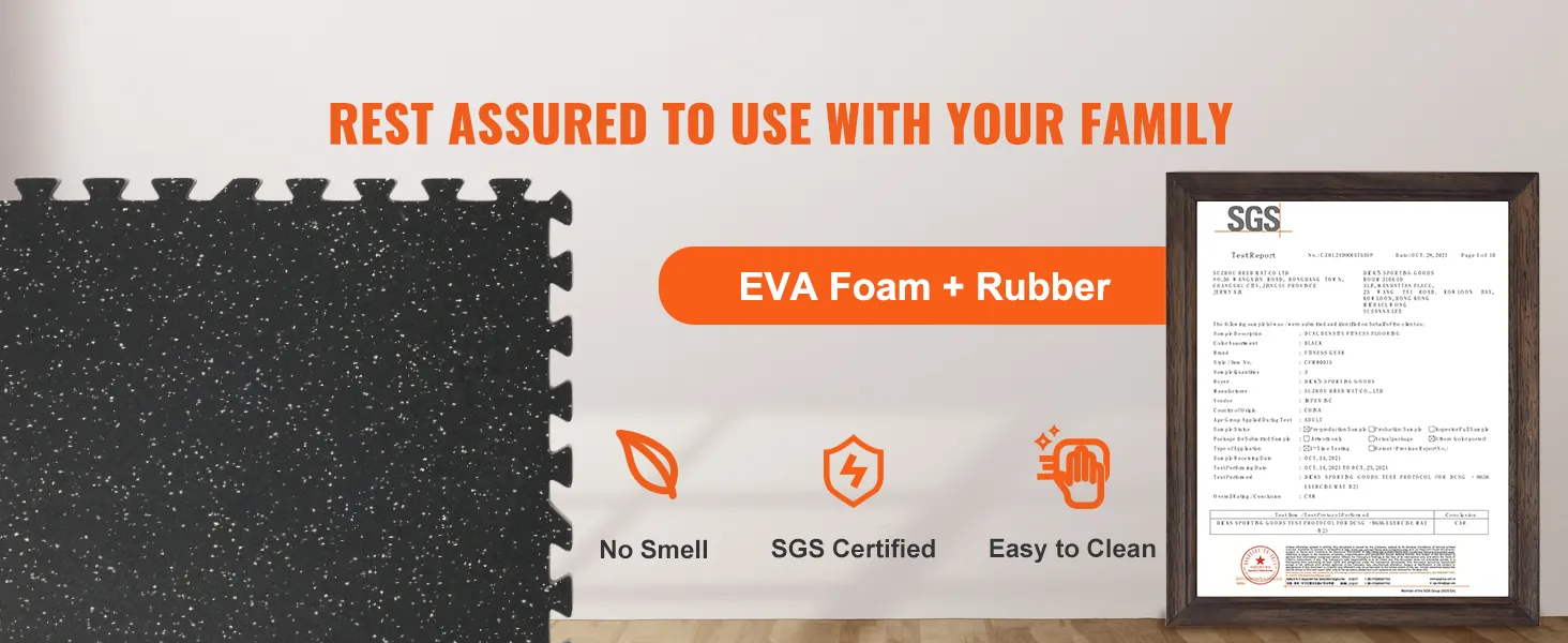 VEVOR gym floor mats, eva foam and rubber, sgs certified, no smell, easy to clean.