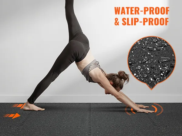woman practicing yoga on VEVOR gym floor mats, displaying waterproof and slip-proof features.