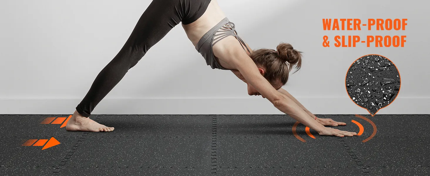 woman practicing yoga on VEVOR gym floor mats, displaying waterproof and slip-proof features.
