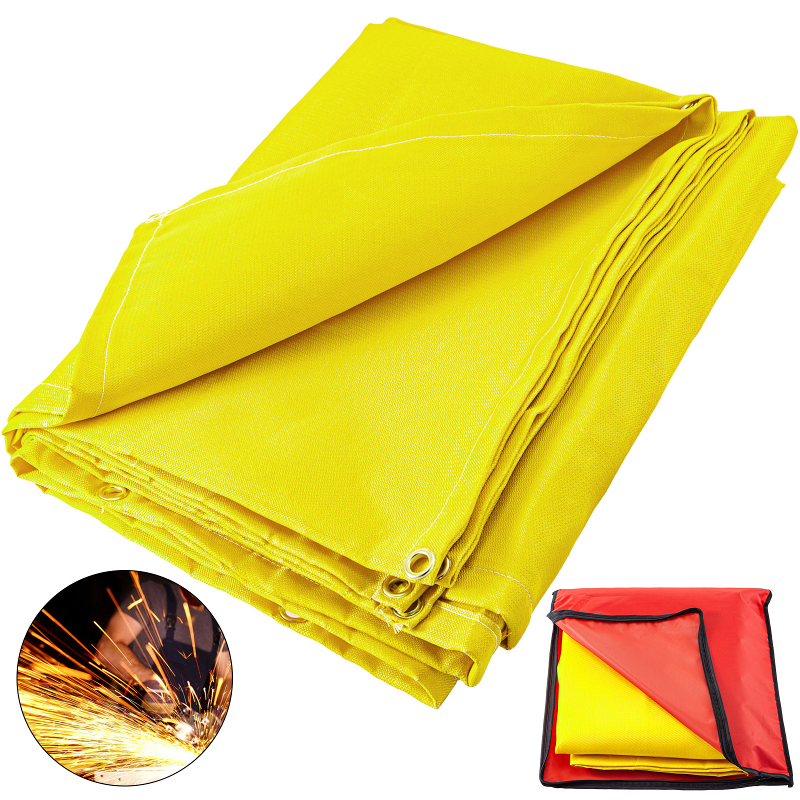 bright yellow VEVOR welding blanket with grommets, flame-resistant and neatly folded.