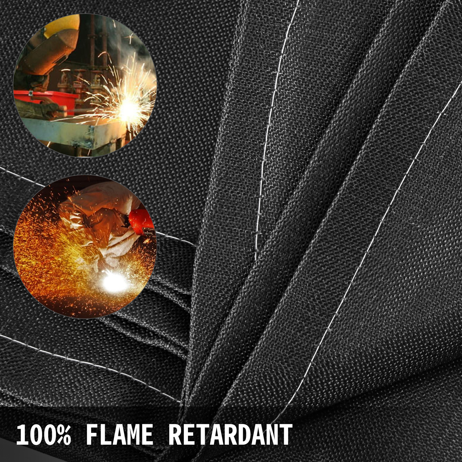 VEVOR metināšanas sega, melns audums, tuvplāns ar metināšanas dzirkstelēm, 100% ugunsdrošs.