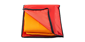 red VEVOR welding blanket partially folded, showcasing orange fabric inside.
