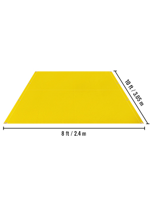 dzeltena VEVOR metināšanas sega, 10 ft x 8 ft, ar izmēriem pēdās un metros.